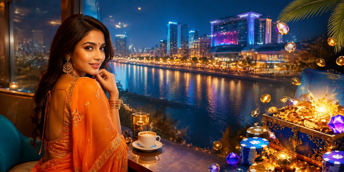 Ahmedabad Riverfront casino environment with blue and gold colors